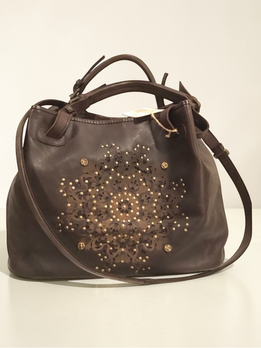 🆕 Platania Brown Italian Leather Large Satchel Slouchy Bag  Stud Details